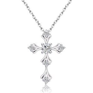 Elegant Moissanite Cross Necklace for Women, 925 Sterling Silver, 18K White Gold